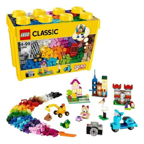 Colorful Lego Classic Brick Box with 790 pieces, showcasing various buildable designs like houses, vehicles, and figures.