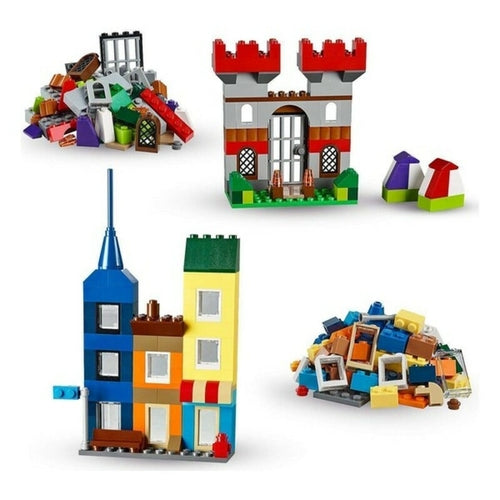 Colorful Lego Classic 10698 brick sets feature a castle, a multicolored building, and various loose bricks in different shapes.