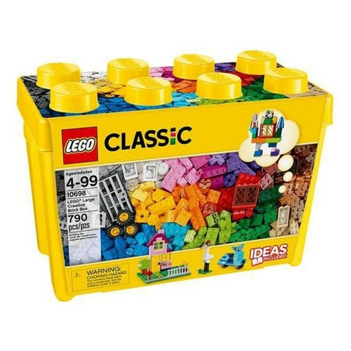 Bright yellow storage box filled with colorful LEGO bricks in various shapes and sizes, labeled LEGO CLASSIC 10698.