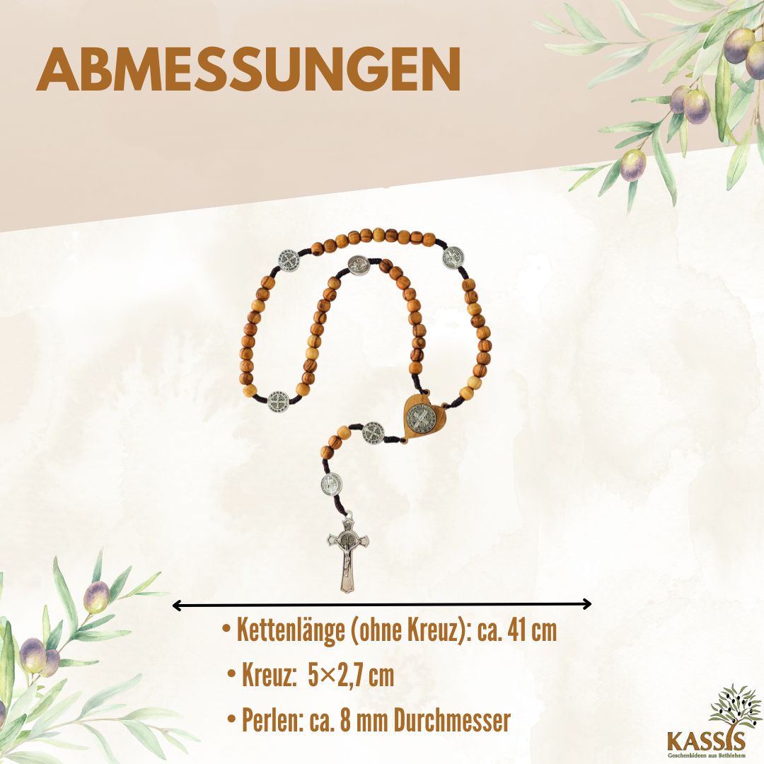 St. Benedikt Rosenkranz aus Olivenholz | Gebetskette mit Kreuz & Medaille, Geschenk Taufe, Kommunion, Firmung-2