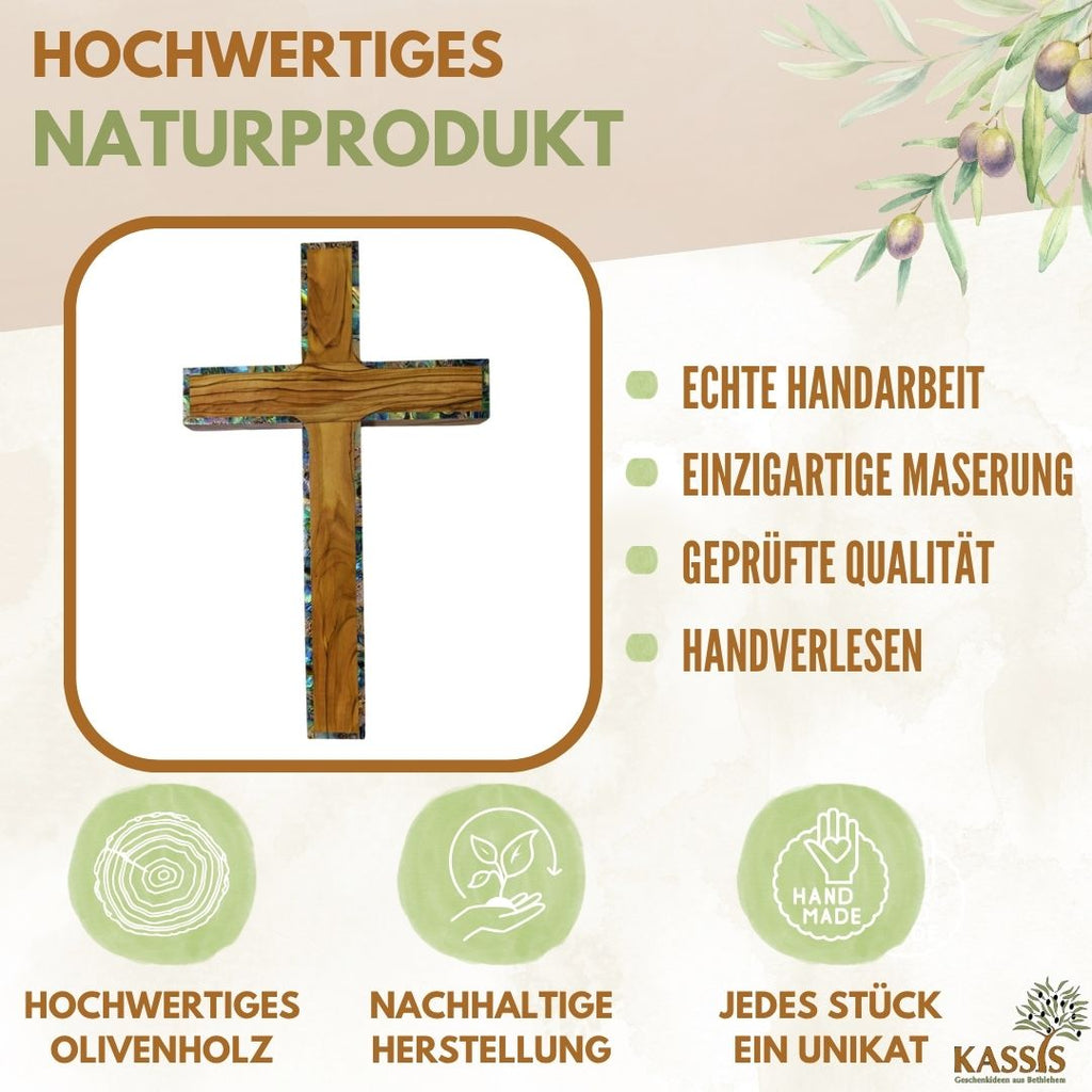 Olivenholz Kreuz mit Perlmutt-Rand 25 × 15 cm | Schlichtes Wandkreuz handgefertigt in Bethlehem-1
