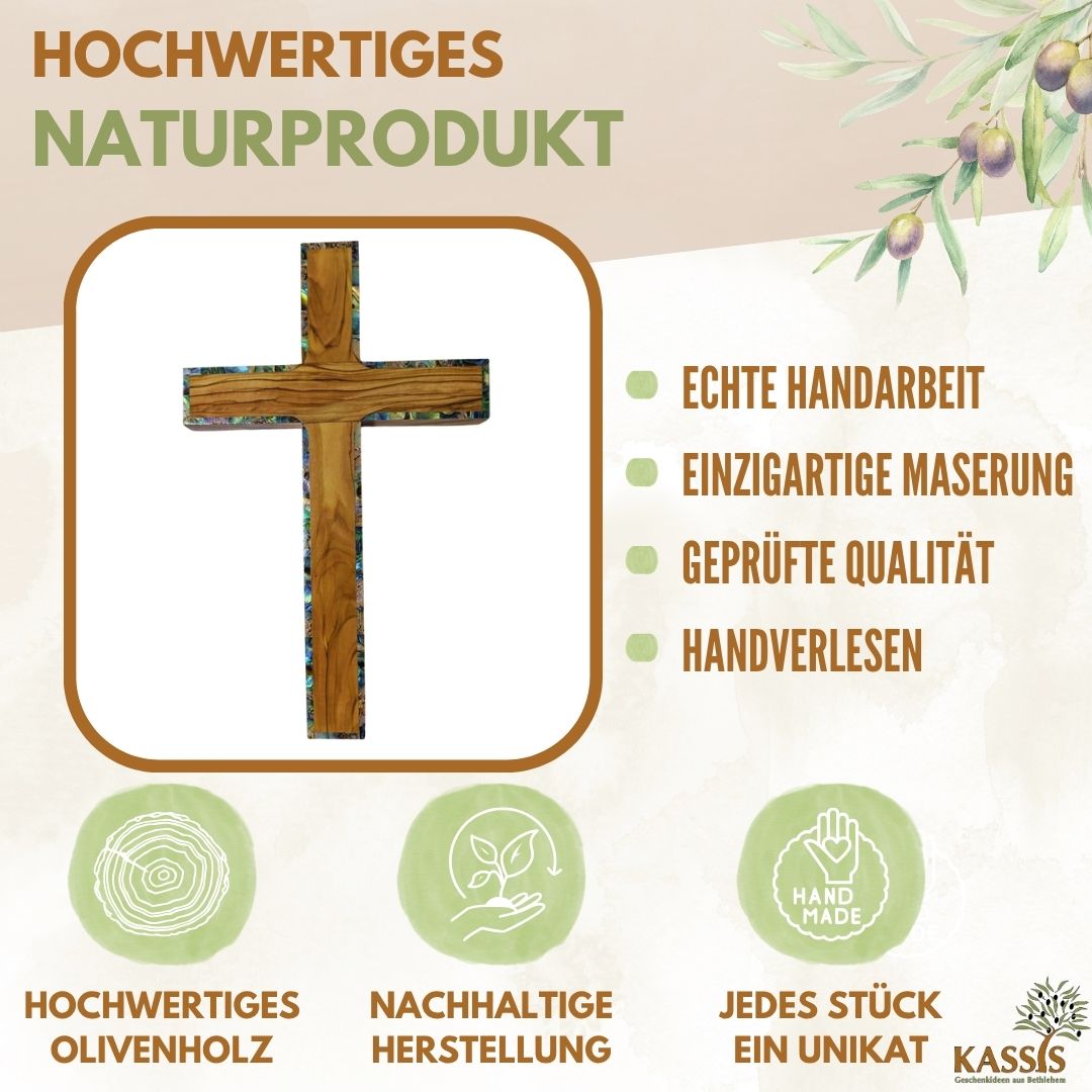 Olivenholz Kreuz mit Perlmutt-Rand 25 × 15 cm | Schlichtes Wandkreuz handgefertigt in Bethlehem-1