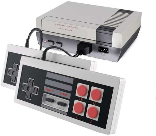 Retro Inspired Game Console with two controllers; gray and black design with classic buttons and port connections.