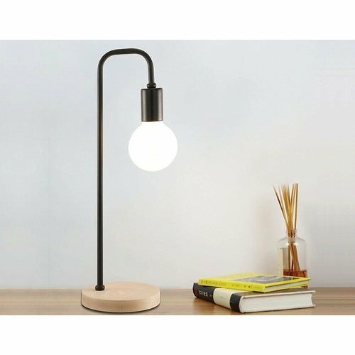 Contemporary black desk lamp with a natural wood base and gooseneck arm, showcasing a globe bulb.