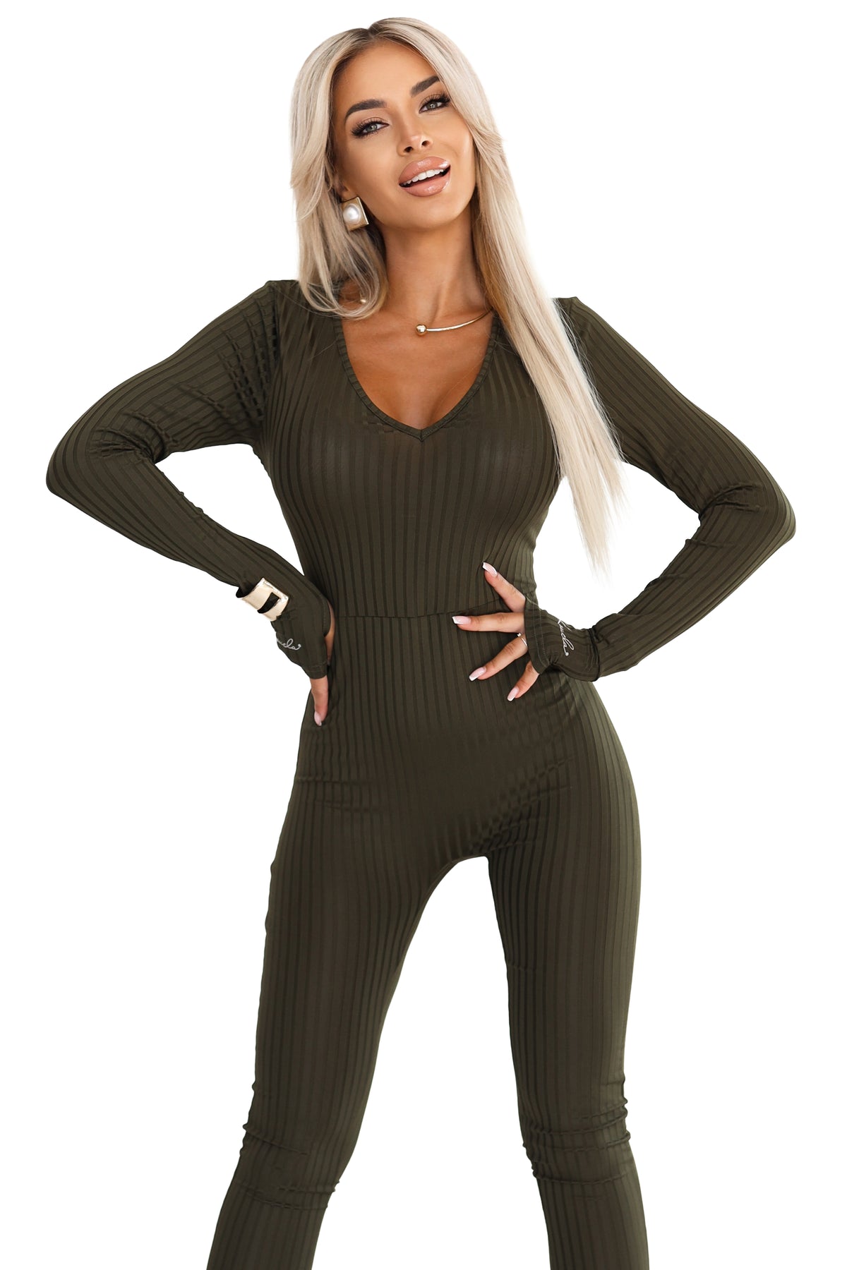 Kocula 619-2 Comfortable and elegant ribbed women's jumpsuit with a neckline - khaki