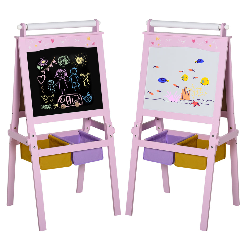3 en 1 Tableau Enfant - chevalet Enfant - Ardoise Double Face - Tableau Blanc Tableau à Craie - Rouleau Papier avec accessoires + paniers Rangement intégrés - MDF Rose