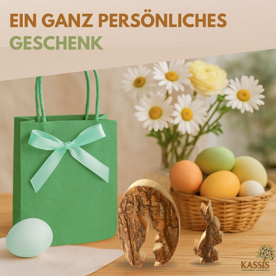 Osterhase im Ei aus Olivenholz mit Rinde | Liebevolle Tischdeko & Osterdeko für Frühling und Ostern-3
