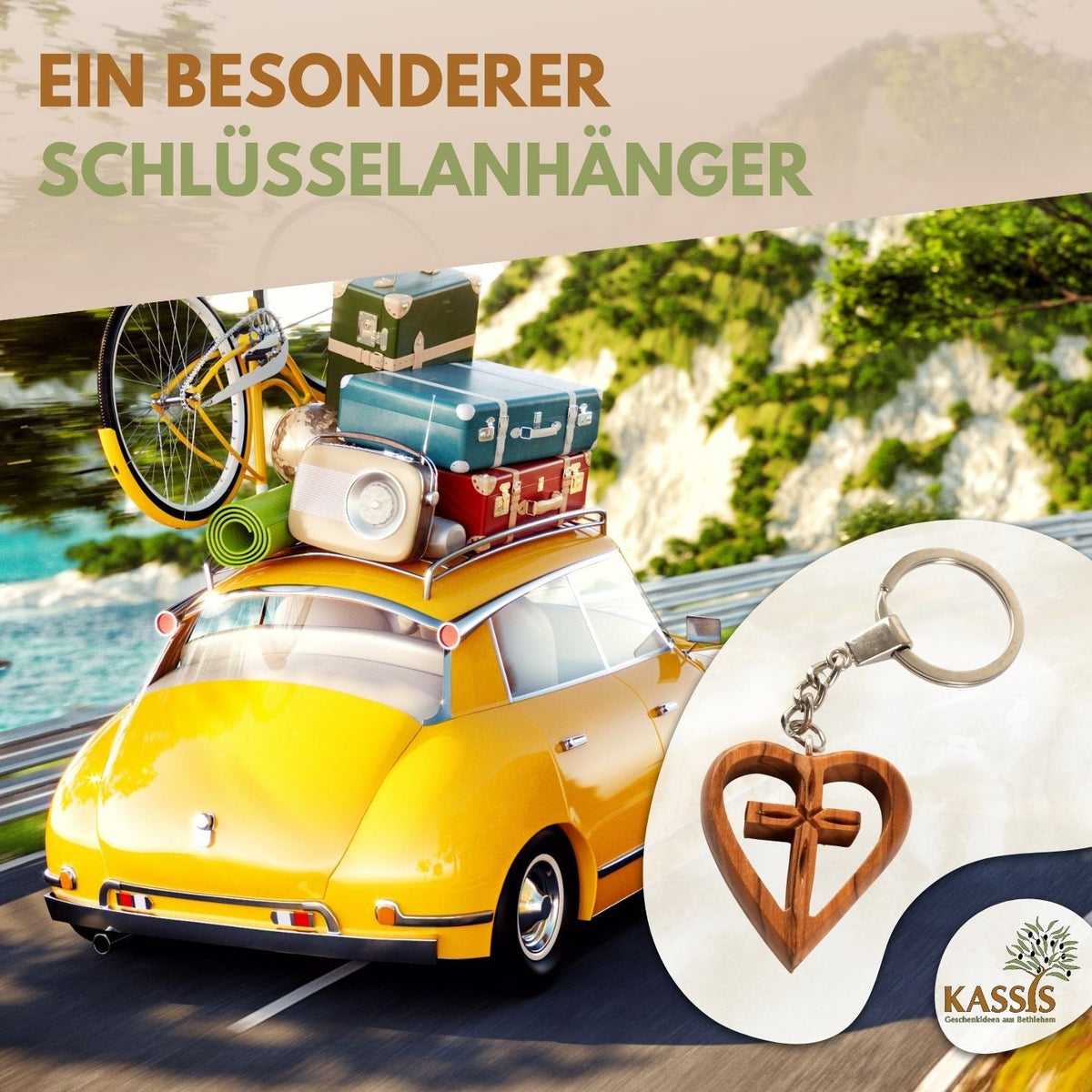 Schlüsselanhänger Kreuz im Herz aus Olivenholz | Liebevoller Glücksbringer als Geschenk zur Taufe, Kommunion & Geburtstag-4