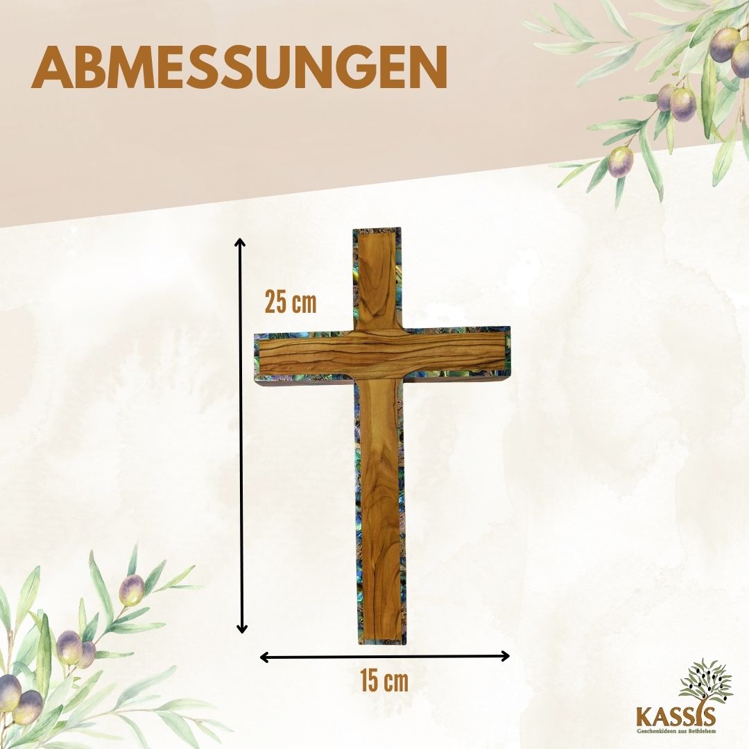 Olivenholz Kreuz mit Perlmutt-Rand 25 × 15 cm | Schlichtes Wandkreuz handgefertigt in Bethlehem-2