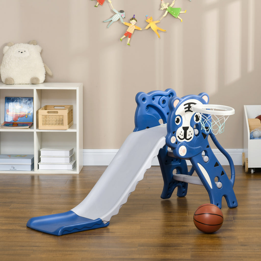 Toboggan pour enfants, toboggan intérieur pour enfants, avec panier de basket, thème tigre, de 18 à 36 mois, bleu