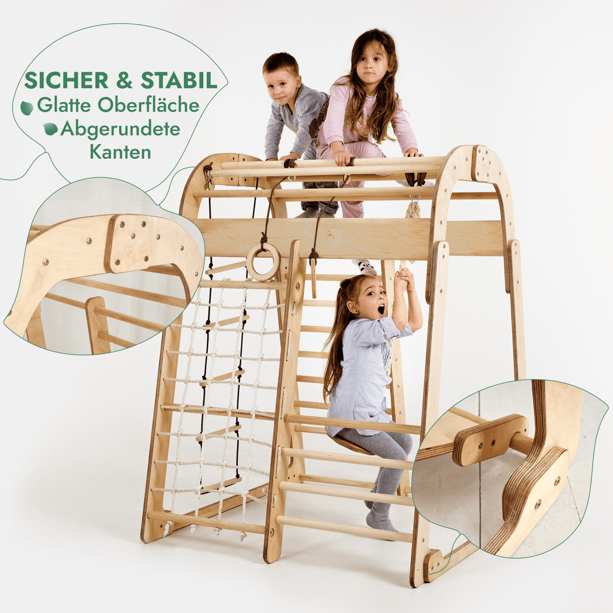 6in1 Indoor Spielplatz für Kinder: Klettergerüst mit Kletternetz, Rutsche, Gymnastikringe, Hängende Leiter und Disc-Schaukel – Beige-2