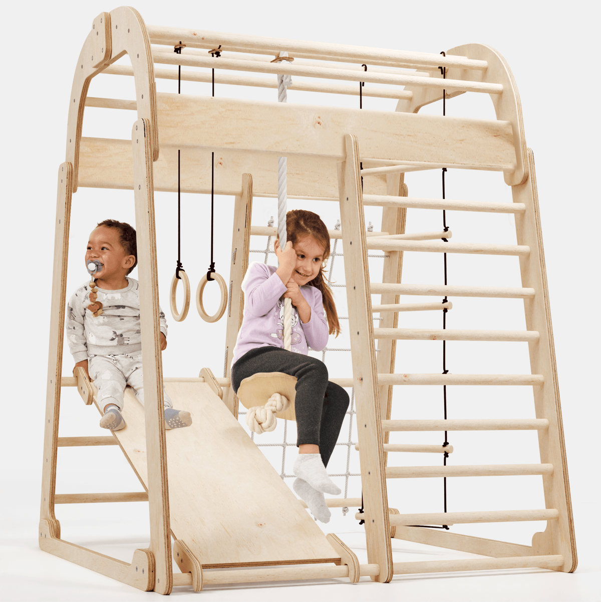 6in1 Indoor Spielplatz für Kinder: Klettergerüst mit Kletternetz, Rutsche, Gymnastikringe, Hängende Leiter und Disc-Schaukel – Beige-0