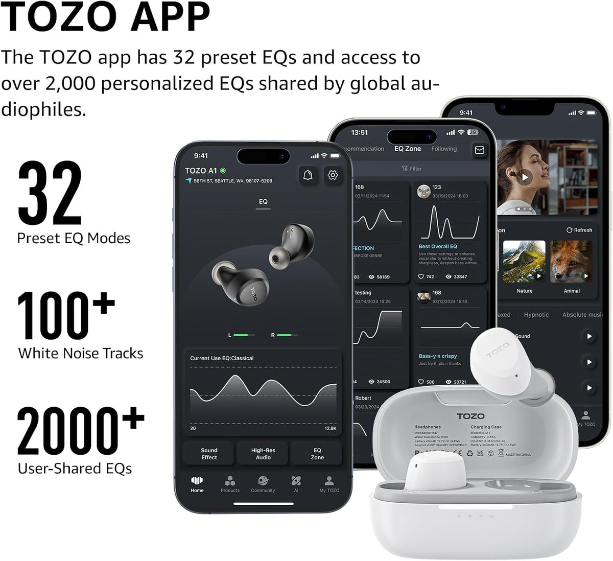 TOZO A1 Wireless Earbuds Bluetooth 5.3 Light Weight in Ear Headphones