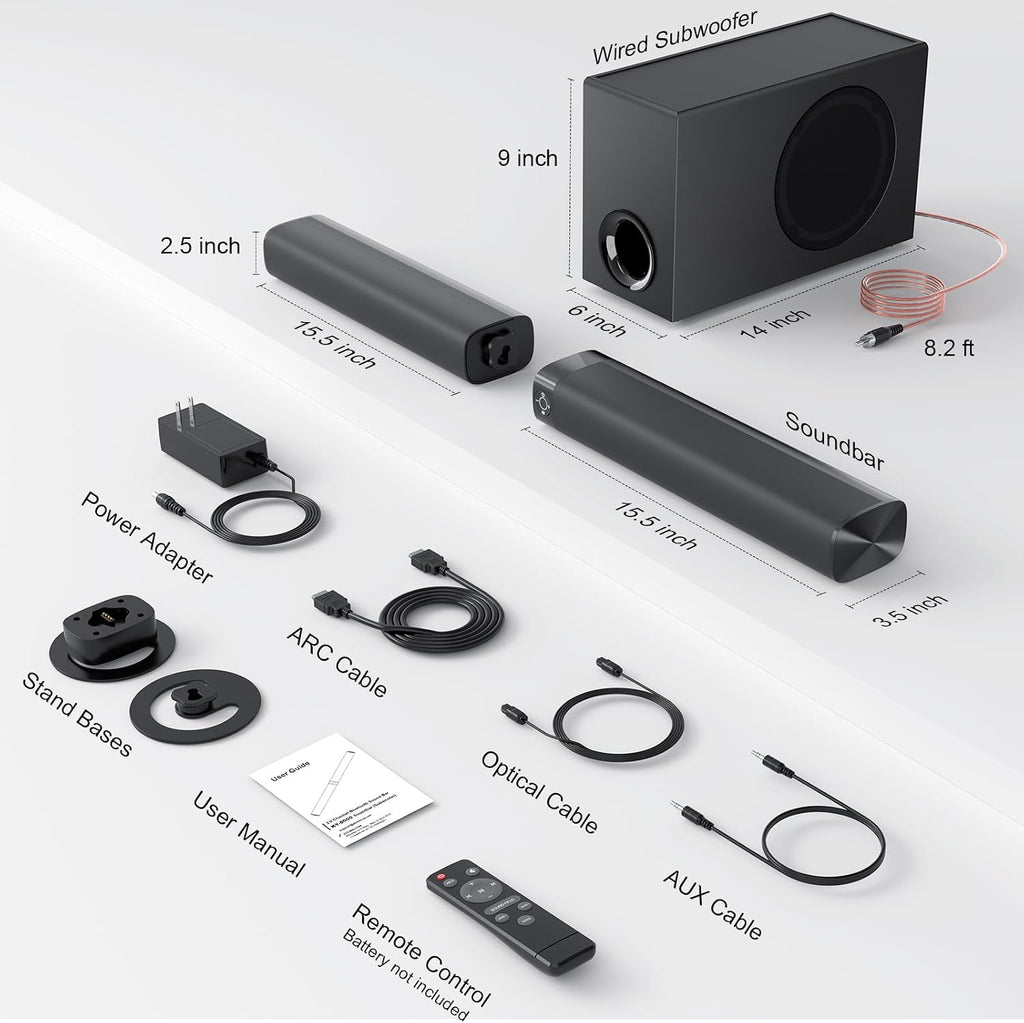 Sound Bar for Smart TV, Soundbar with Bluetooth/ARC/Opt/AUX Connect, Auto Volume Boost, 3 Equalizer Modes, 2 in 1 Detachable Soundbar for TV/PC/Gaming/Projectors