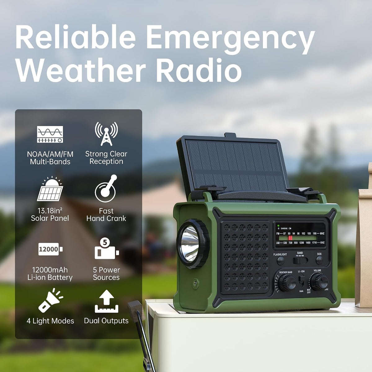 Solar Radio Emergency Hand Crank 12000mAh with Clear Signal