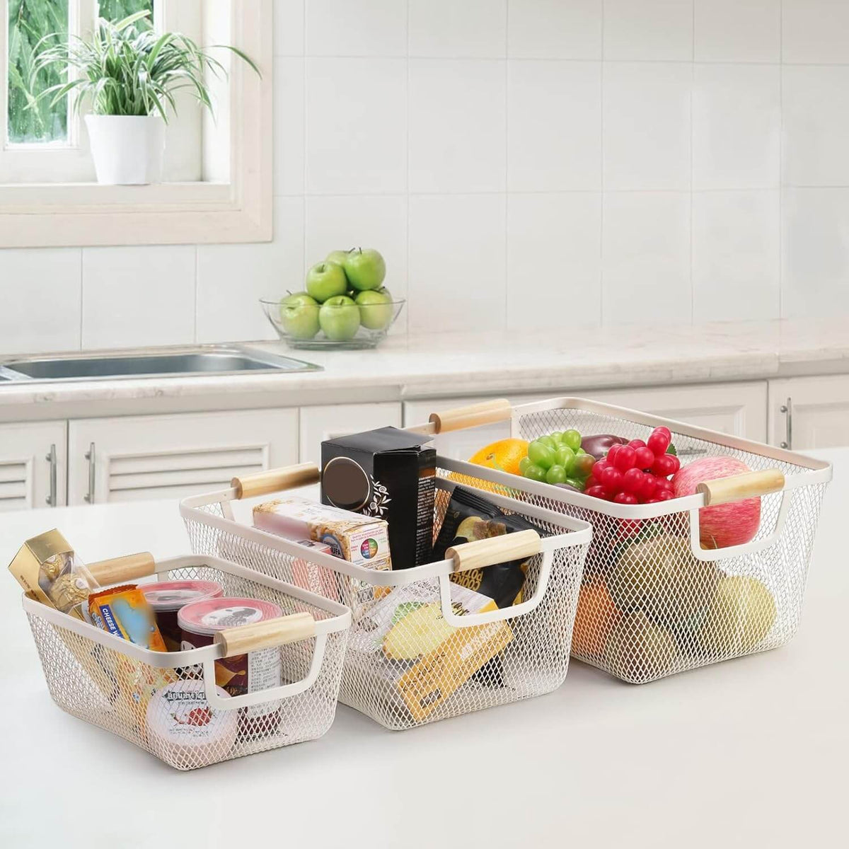 White Mesh Storage Basket with Wooden Handles-1