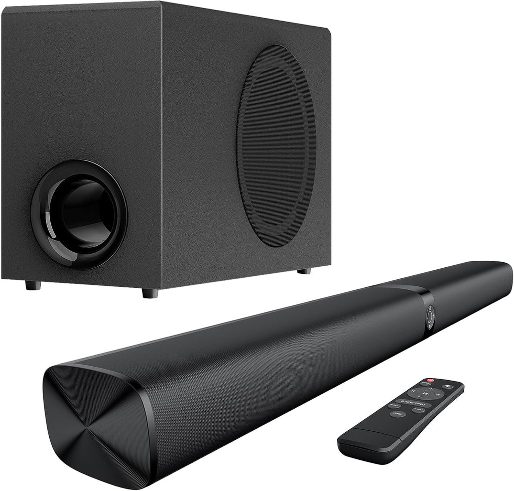 Sound Bar for Smart TV, Soundbar with Bluetooth/ARC/Opt/AUX Connect, Auto Volume Boost, 3 Equalizer Modes, 2 in 1 Detachable Soundbar for TV/PC/Gaming/Projectors
