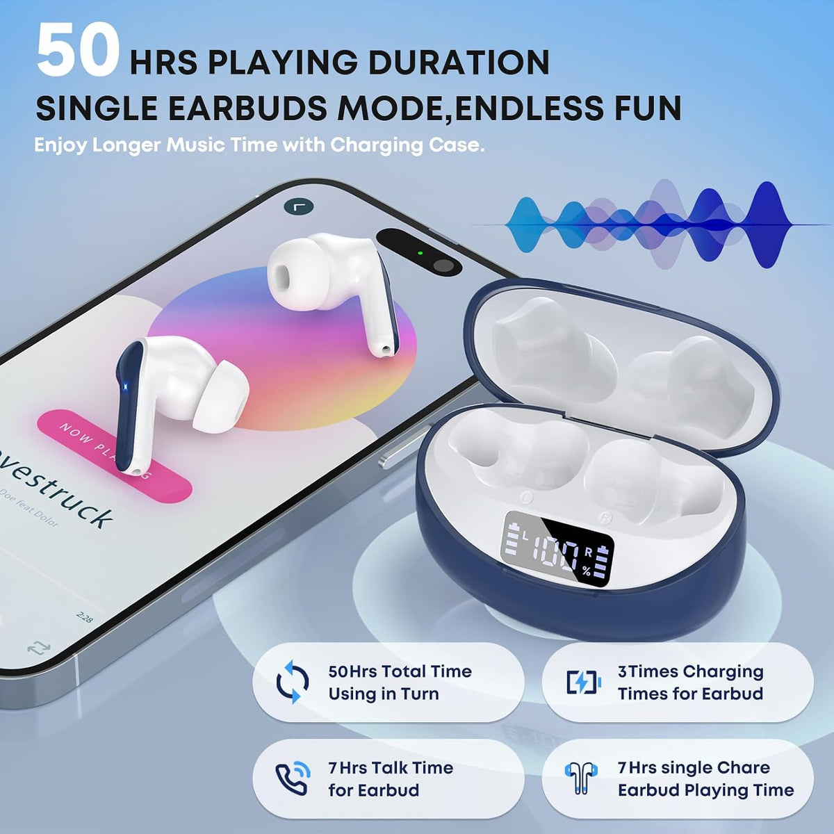 Wireless Earbuds, Bluetooth 5.4 Headphones HiFi Stereo/Crystal Clear, Black