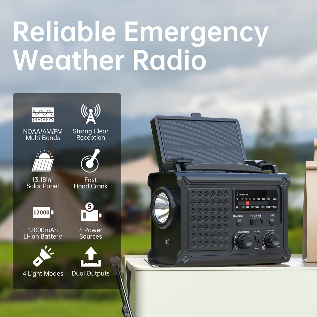 Solar Radio Emergency Hand Crank 12000mAh with Clear Signal