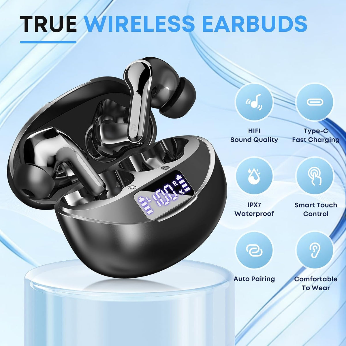 Wireless Earbuds, Bluetooth 5.4 Headphones HiFi Stereo/Crystal Clear, Black