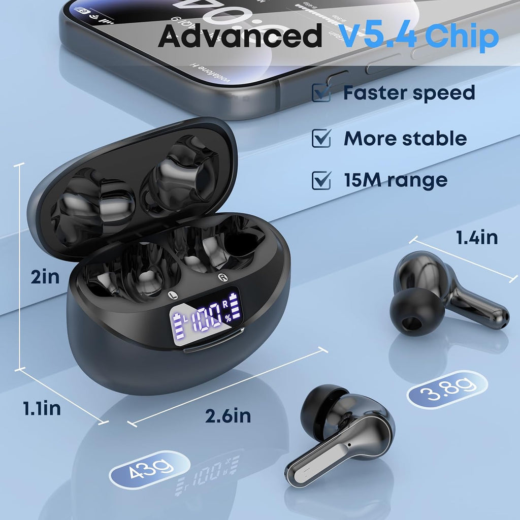 Wireless Earbuds, Bluetooth 5.4 Headphones HiFi Stereo/Crystal Clear, Black