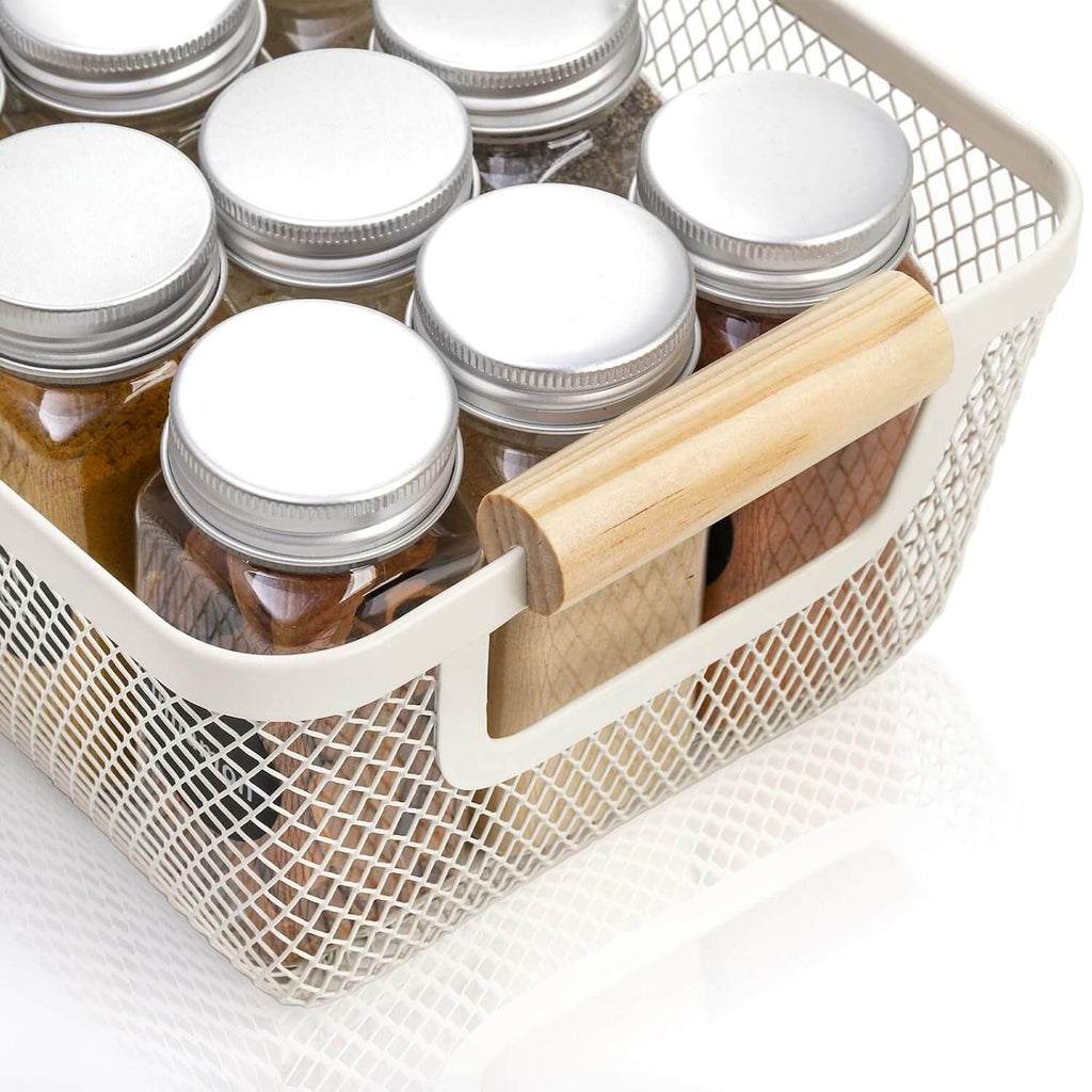 White Mesh Storage Basket with Wooden Handles-2