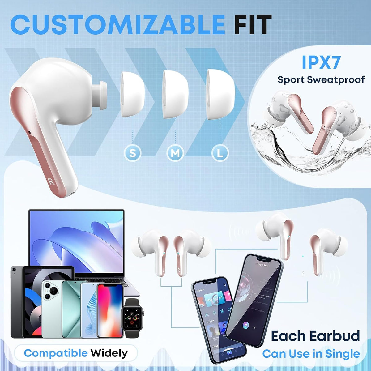 Wireless Earbuds, Bluetooth 5.4 Headphones HiFi Stereo/Crystal Clear, Black