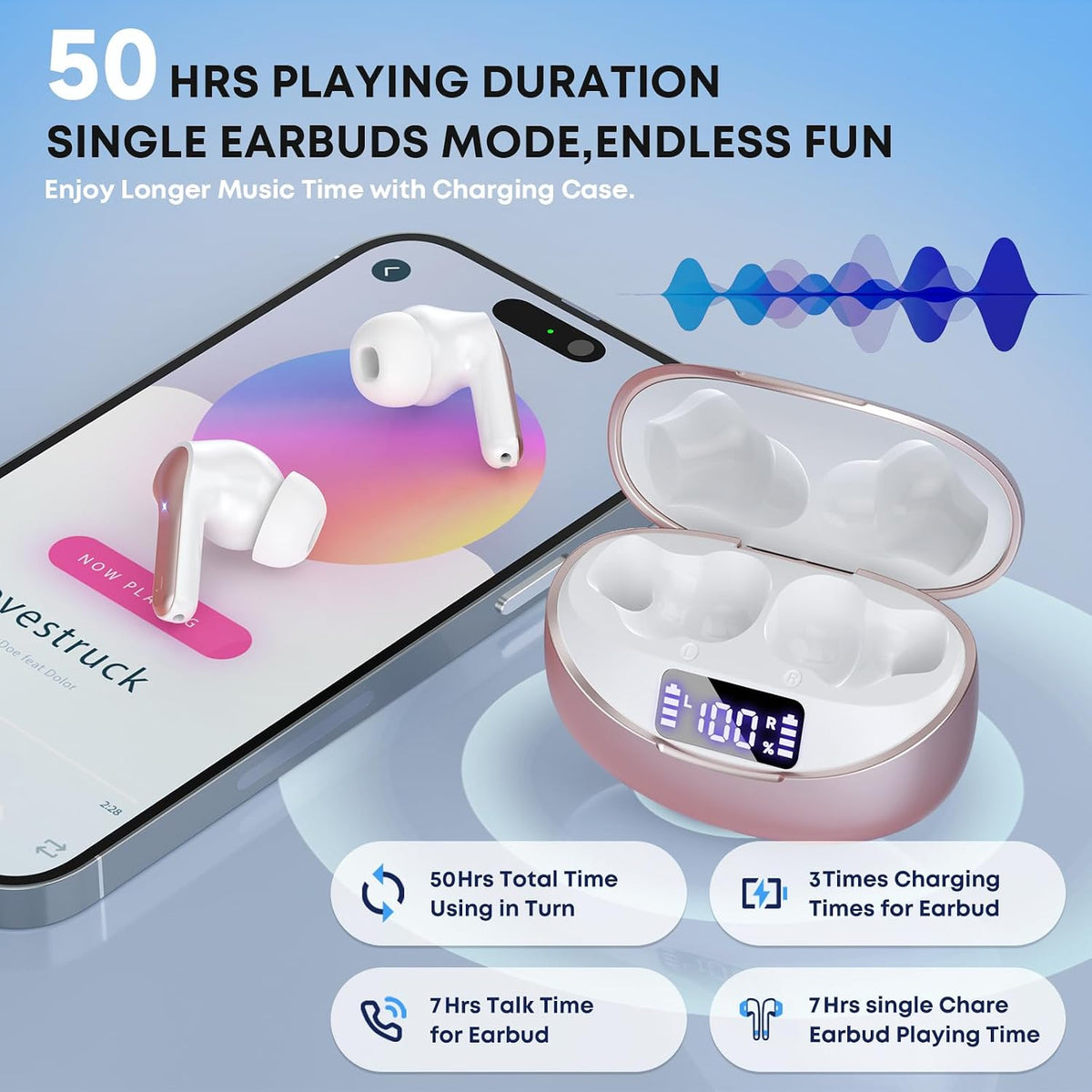 Wireless Earbuds, Bluetooth 5.4 Headphones HiFi Stereo/Crystal Clear, Black