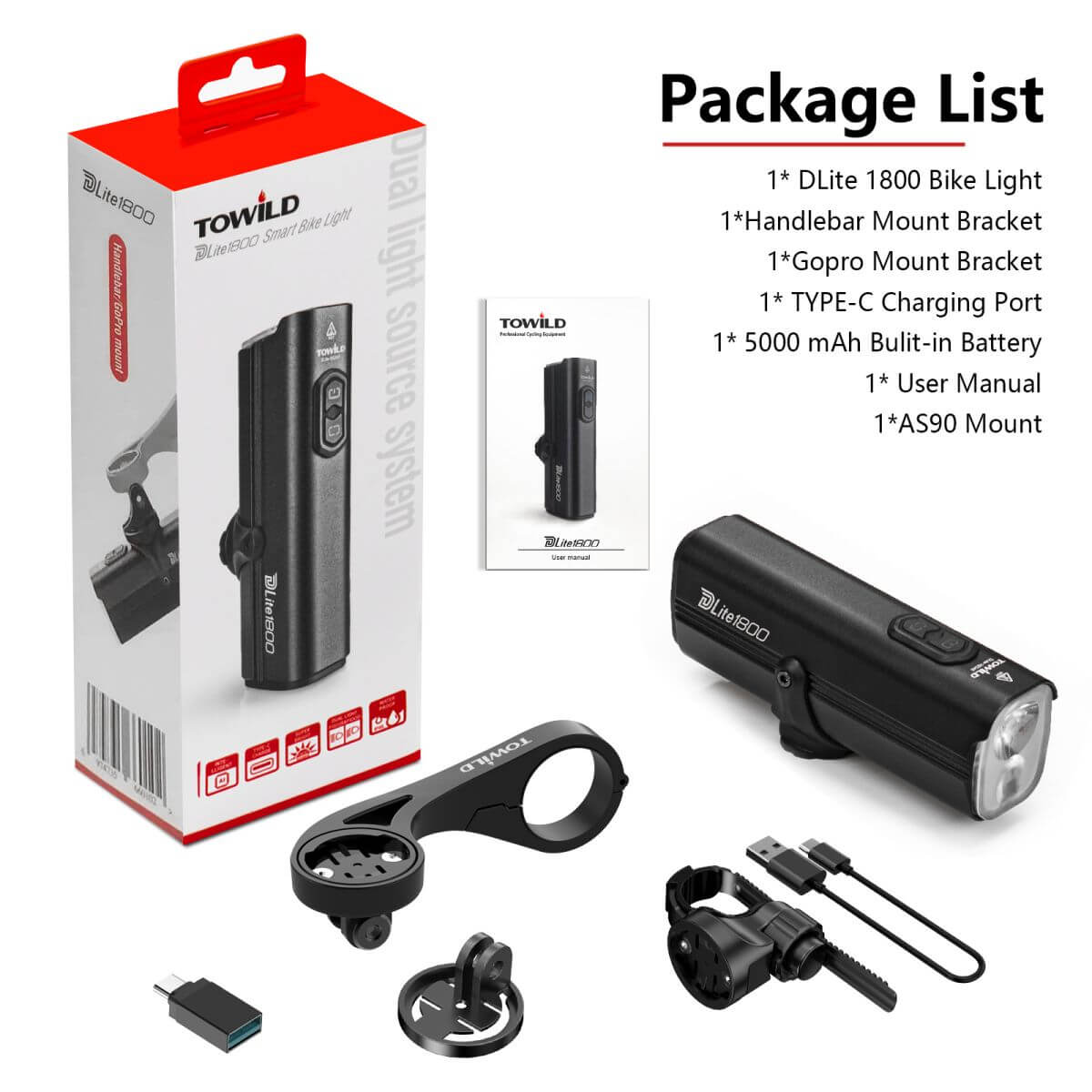 TOWILD Dlite 1800 Lumens Rechargeable Bike Front Light