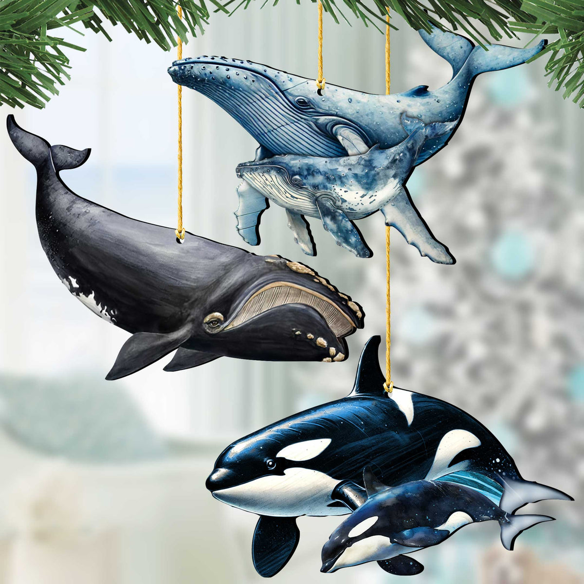 Alaska Whales Wooden Christmas Ornaments – Set of 3 Marine Wildlife Keepsakes – 8091048-S3-4