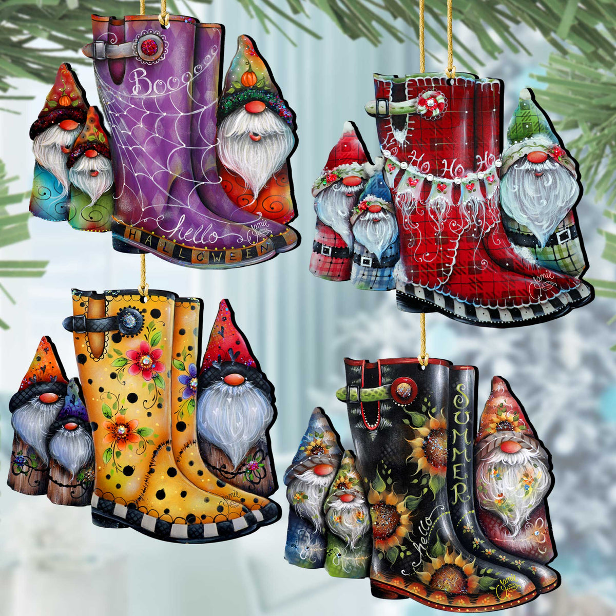 Seasonal Gnome Boots Wooden Christmas Ornaments – Set of 4 – 8091130-S4-2