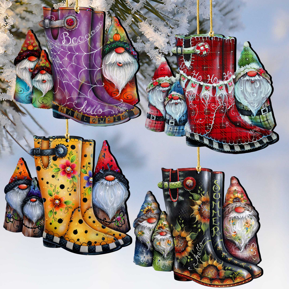 Seasonal Gnome Boots Wooden Christmas Ornaments – Set of 4 – 8091130-S4-0