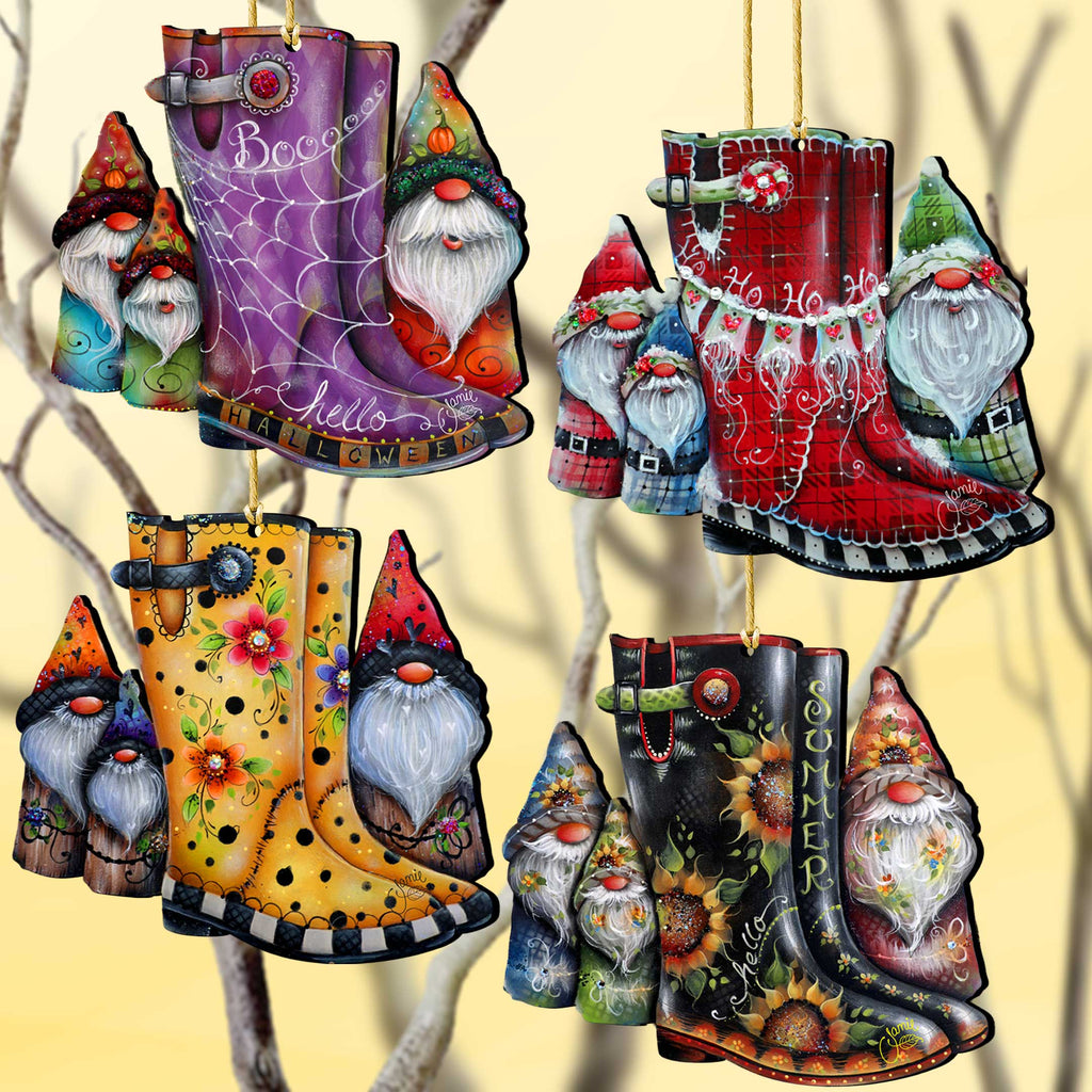 Seasonal Gnome Boots Wooden Christmas Ornaments – Set of 4 – 8091130-S4-3