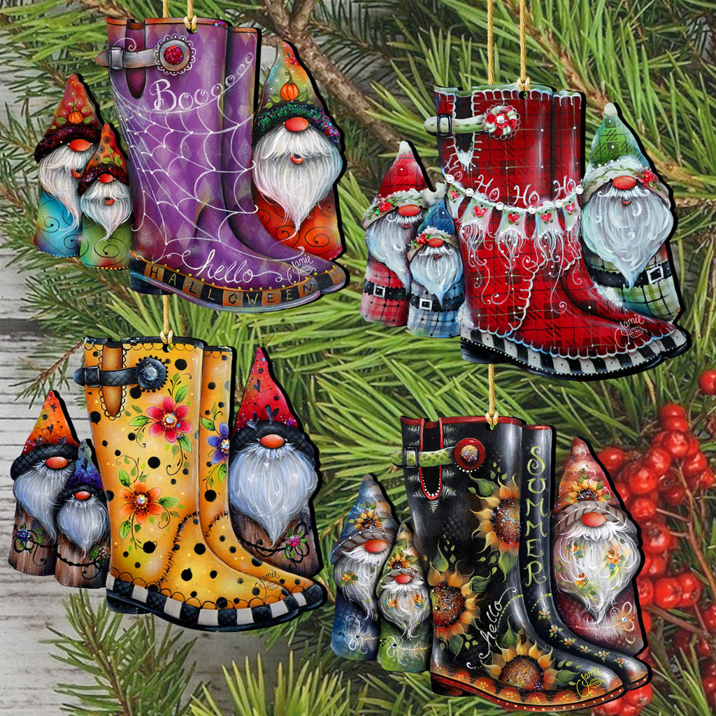 Seasonal Gnome Boots Wooden Christmas Ornaments – Set of 4 – 8091130-S4-4