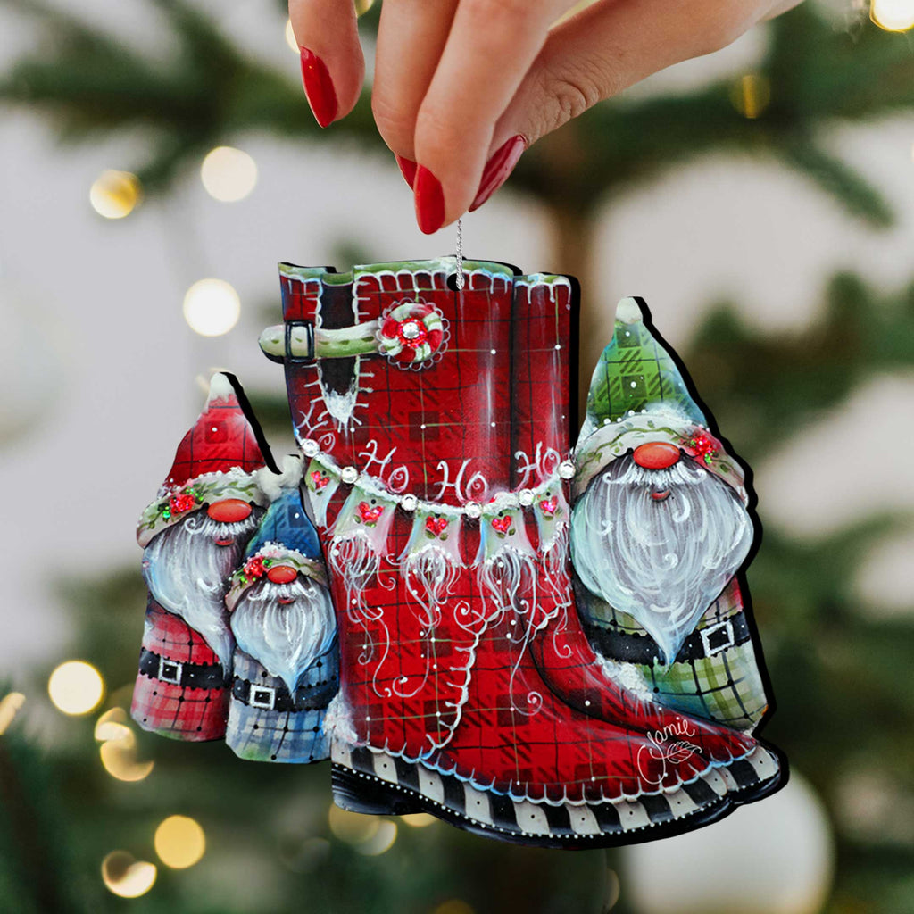 Seasonal Gnome Boots Wooden Christmas Ornaments – Set of 4 – 8091130-S4-1