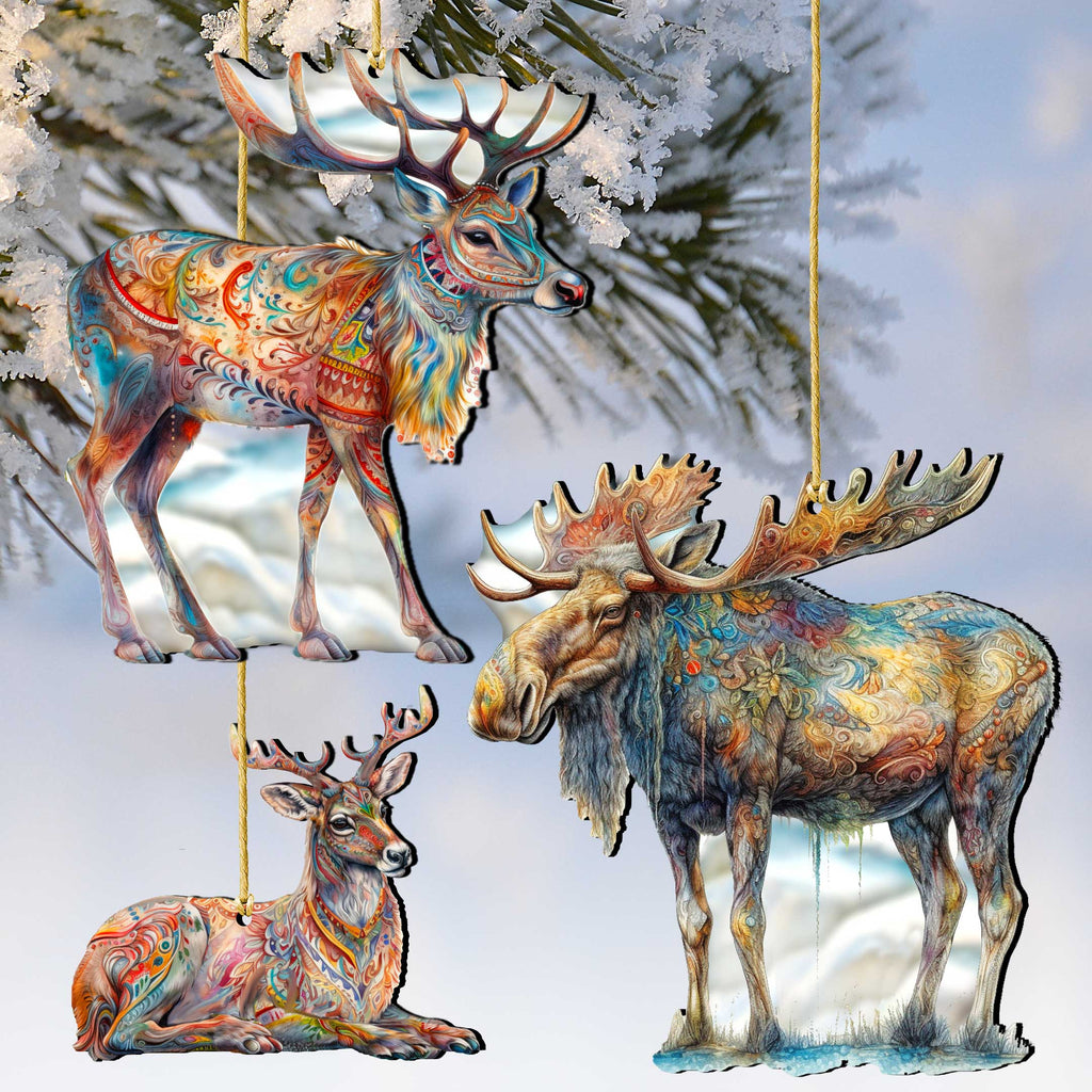 Alaska Reindeer & Moose Wooden Christmas Ornaments – Set of 3 – 8091134-S3-1
