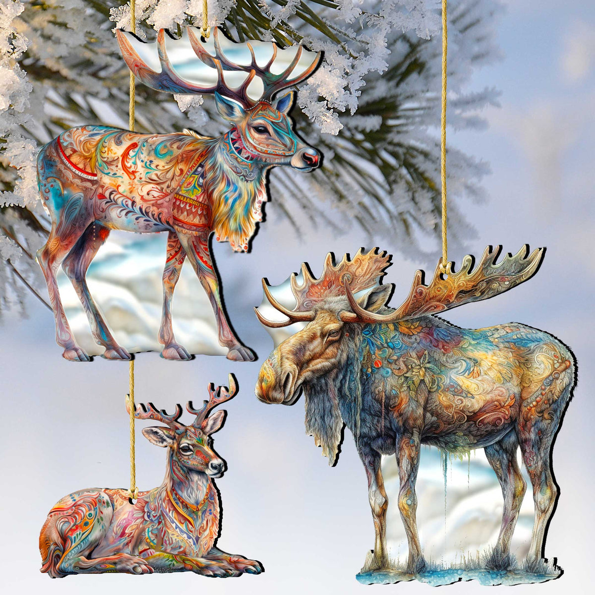 Alaska Reindeer & Moose Wooden Christmas Ornaments – Set of 3 – 8091134-S3-1