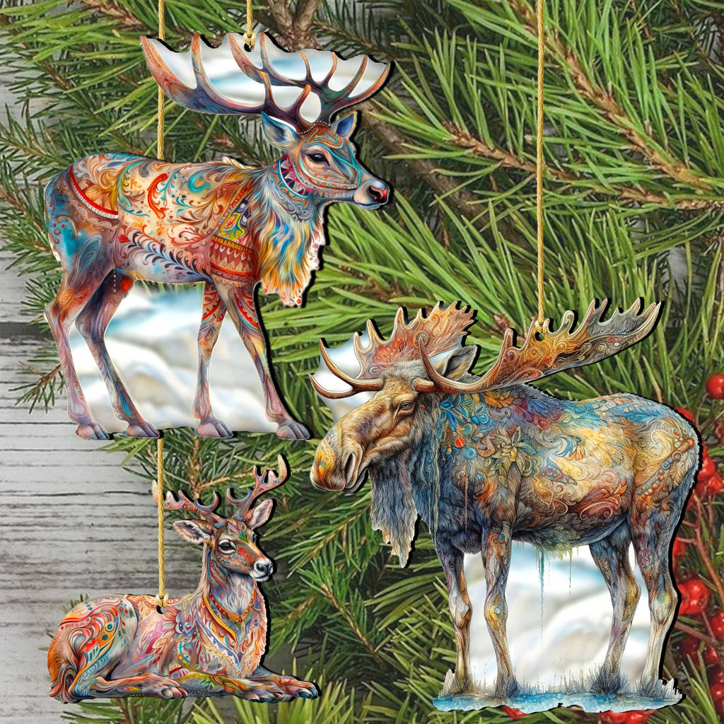 Alaska Reindeer & Moose Wooden Christmas Ornaments – Set of 3 – 8091134-S3-3