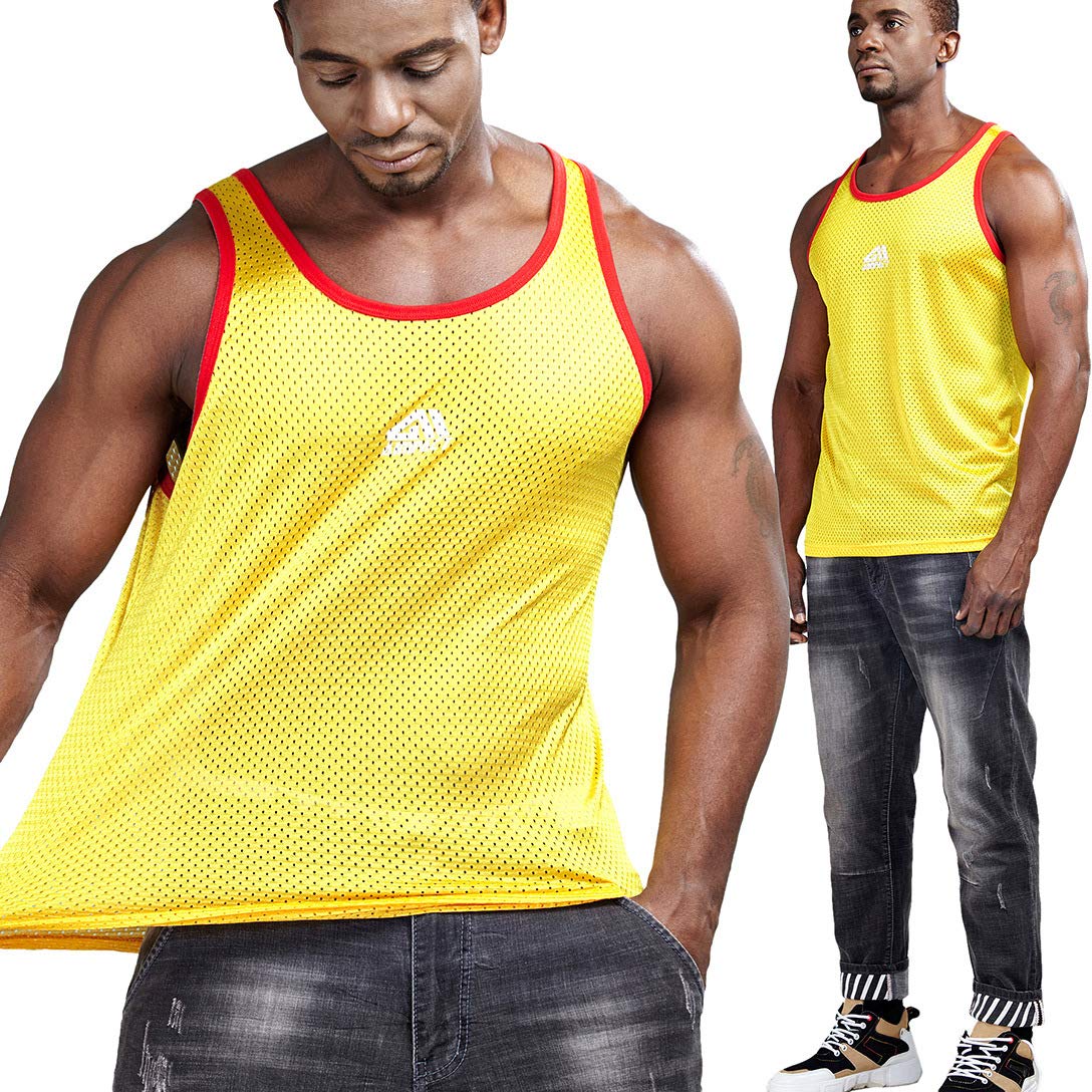 AIMPACT Mens Casual Basic Tank Tops Mesh Quick Dry Workout Running Sleeveless Shirts(Yellow S)-4