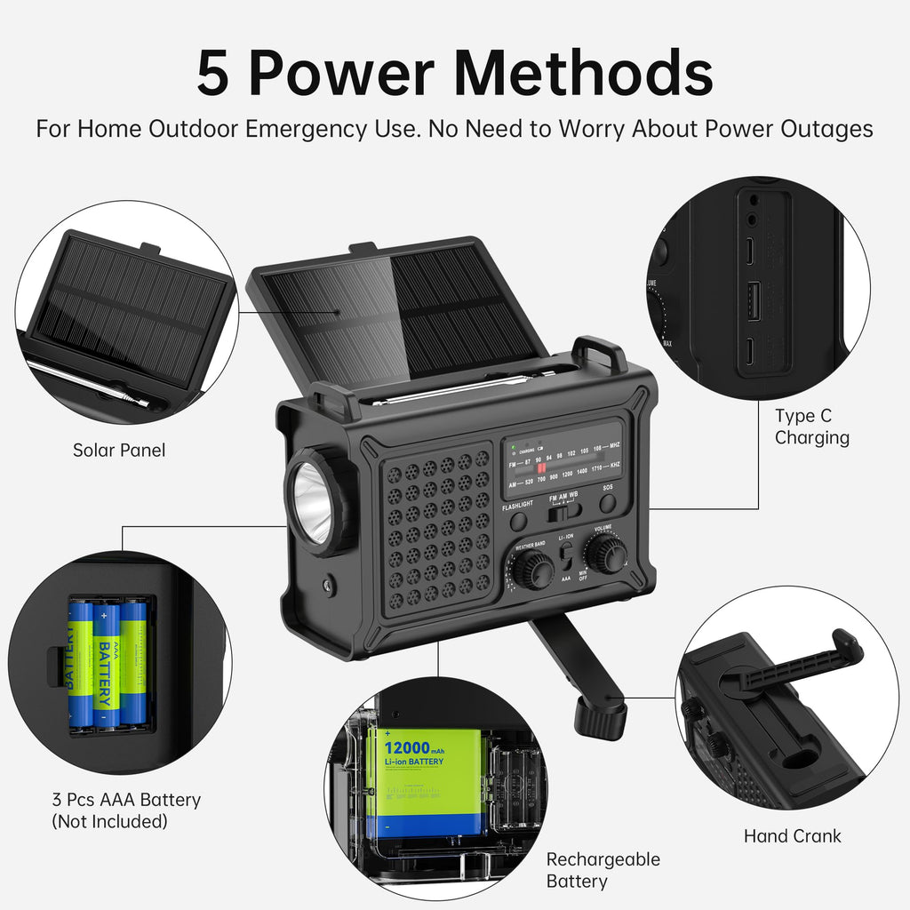 Solar Radio Emergency Hand Crank 12000mAh with Clear Signal