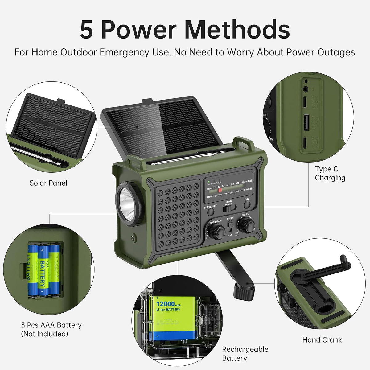 Solar Radio Emergency Hand Crank 12000mAh with Clear Signal