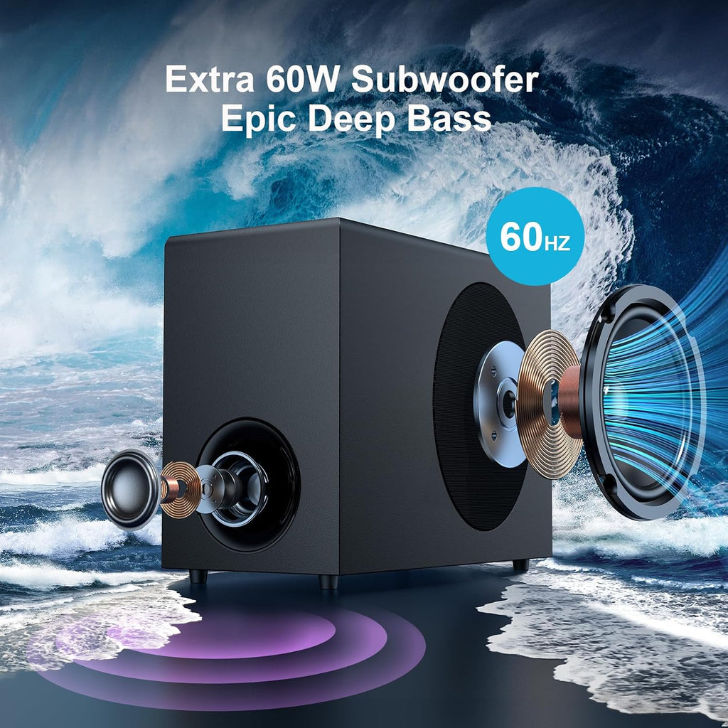 Sound Bar for Smart TV, Soundbar with Bluetooth/ARC/Opt/AUX Connect, Auto Volume Boost, 3 Equalizer Modes, 2 in 1 Detachable Soundbar for TV/PC/Gaming/Projectors