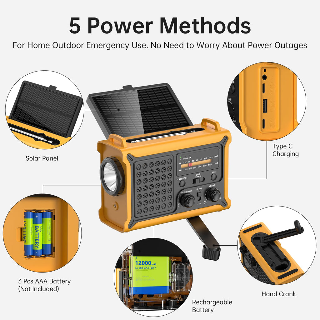 Solar Radio Emergency Hand Crank 12000mAh with Clear Signal