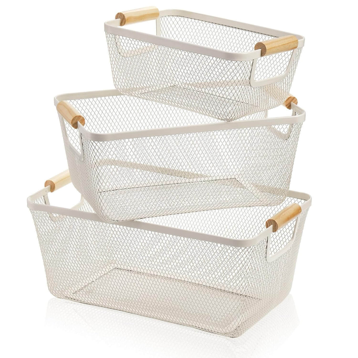 White Mesh Storage Basket with Wooden Handles-0