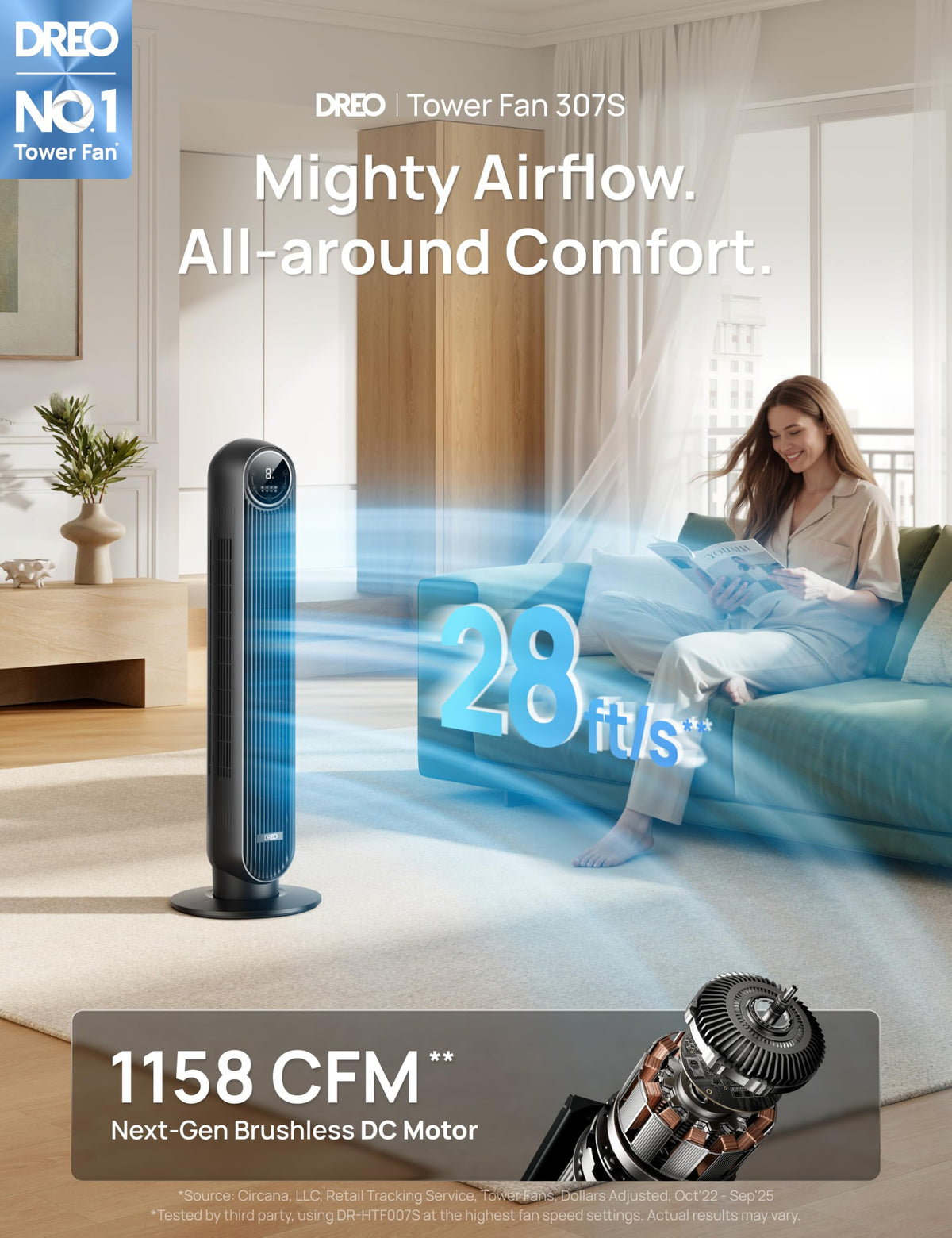 DREO Tower Fan for Bedroom, 28ft/s Velocity, Ultra Quiet Fan, 8 Speeds