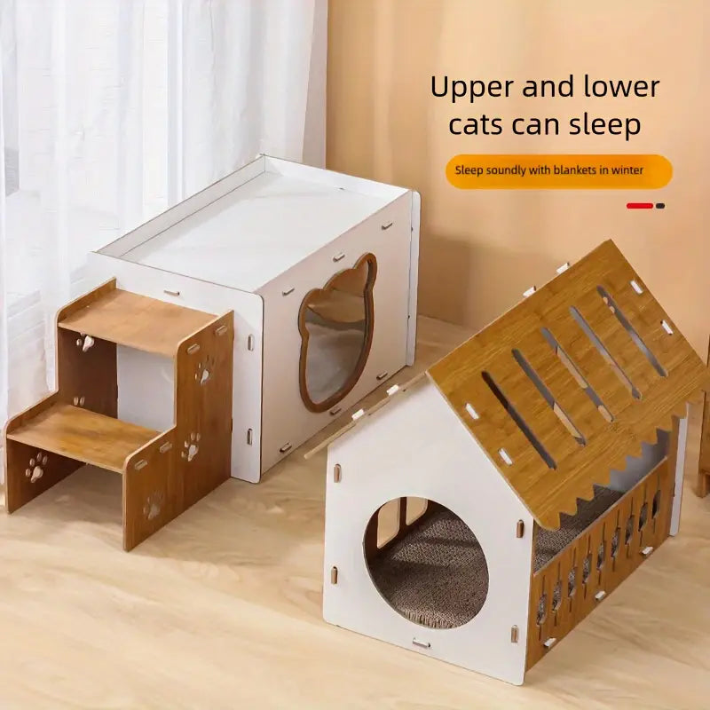 Villa-Style Cat Scratcher Cardboard House - Plaid Pattern-4
