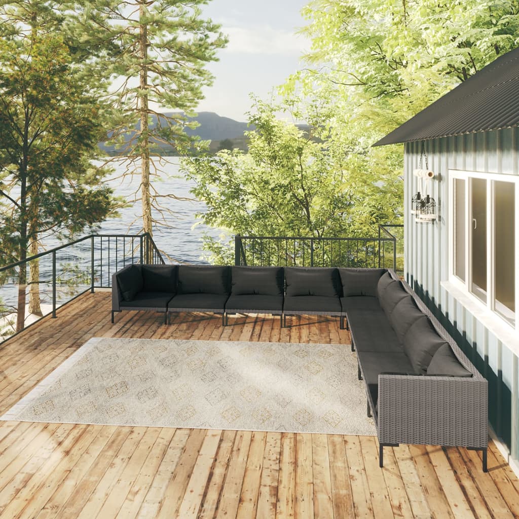 NNEVL 9 Piece Garden Lounge Set with Cushions Poly Rattan Dark Grey-0