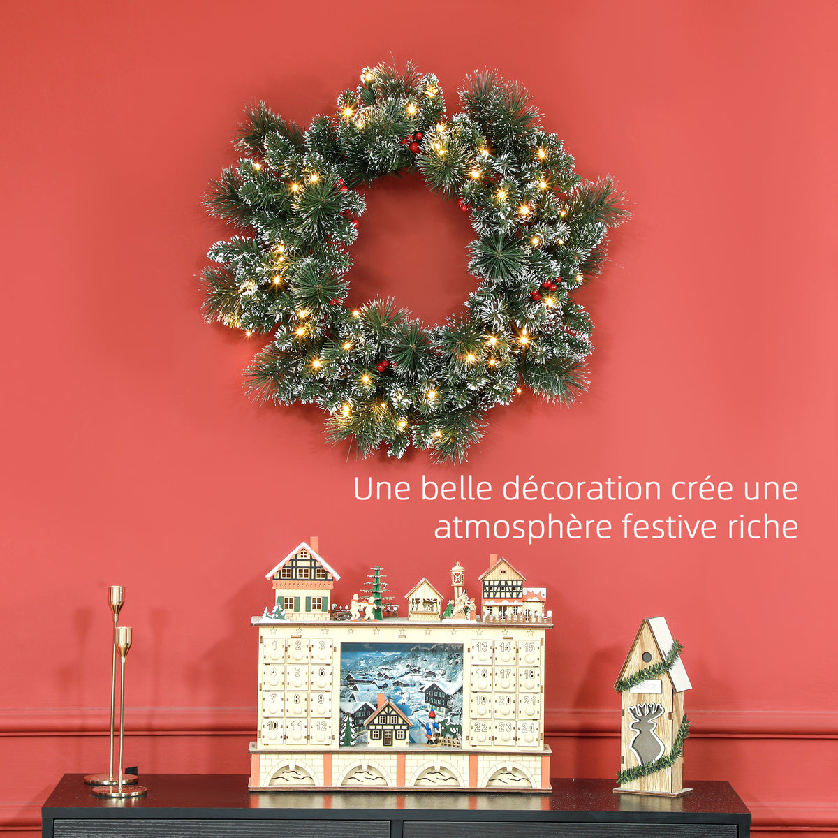 Couronne de Noël porte artificielle 60 CM avec pommes de pin et grappes de baies, lumières LED et minuterie vert