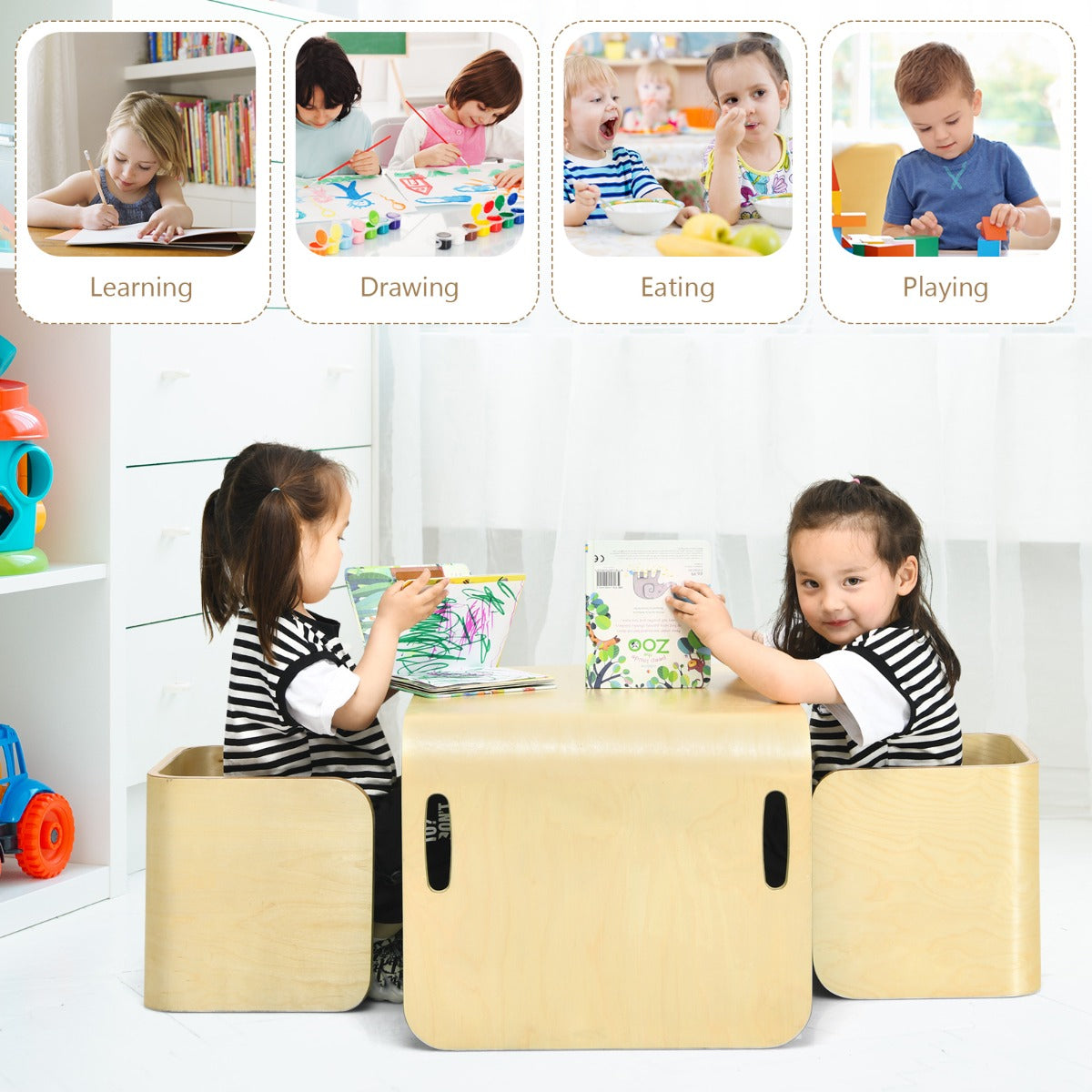 NNECW Kids Table and Chair Set with Storage Shelves-Natural-2