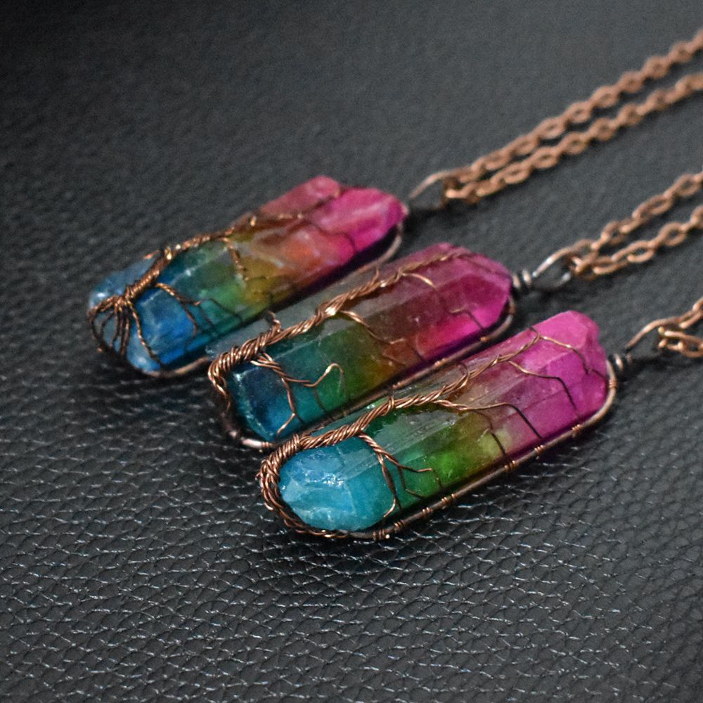 Hot Selling Stone Crystal Pillar Tree Of Life Pendant Ins Fashion Necklace-0